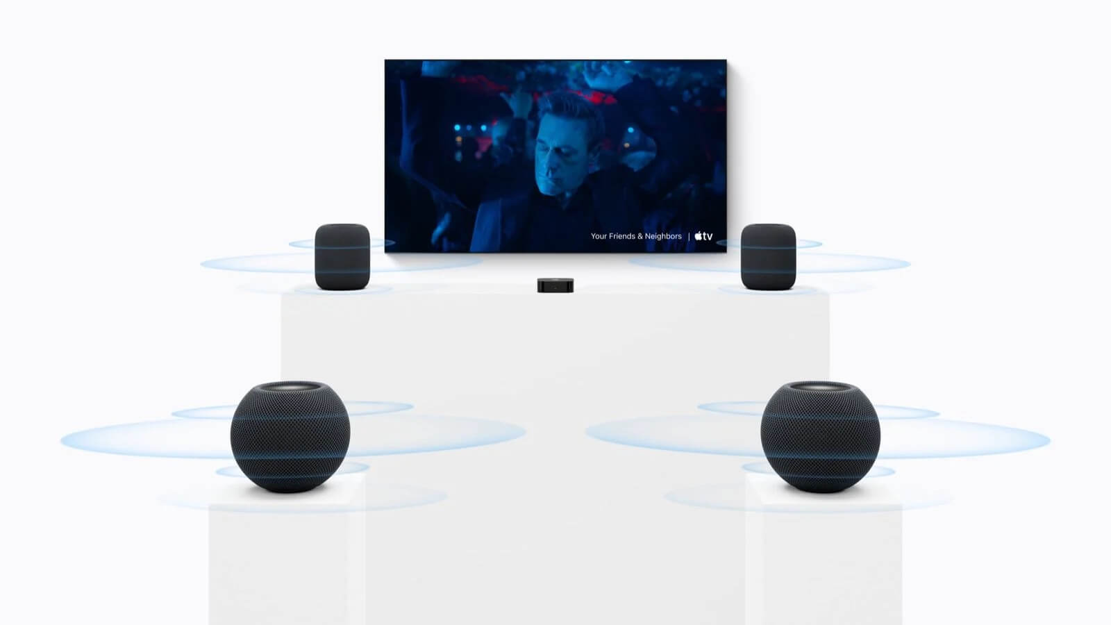 Apple TV 4K four HomePod sound system